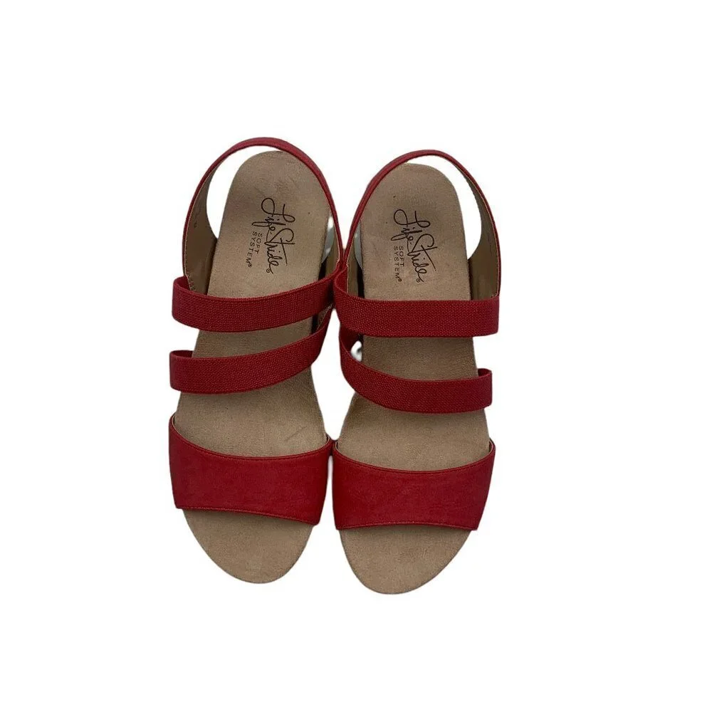 Life Stride Marina Red Strappy Cork Wedge Sandals Women's Size 7W